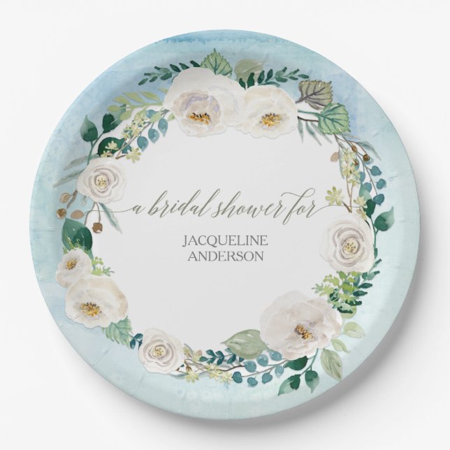 Brautparty Rustic Wreath Blue White Roses Pappteller (Vorderseite)
