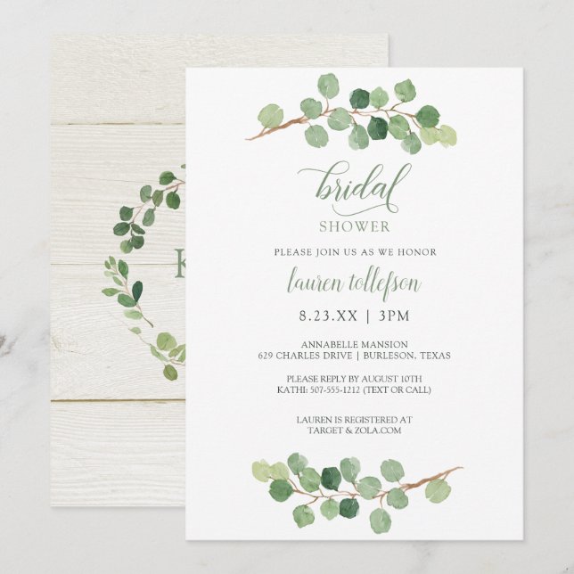 Brautparty - Rustikale Eukalyptus Grüne Einladung (Vorne/Hinten)