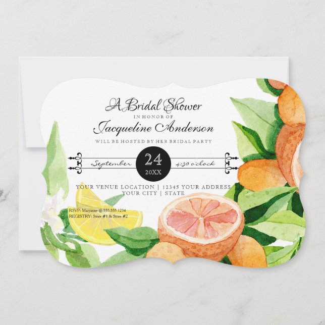 Brautparty Rustikales Gartengarten Lemon Orangen Einladung (Vorderseite)