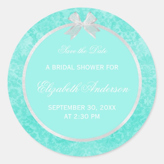 Brautparty Save the Date Aqua Damask White Bow Runder Aufkleber (Vorderseite)