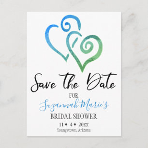 Brautparty Save the Date Blue Green Hearts Anno Ankündigungspostkarte