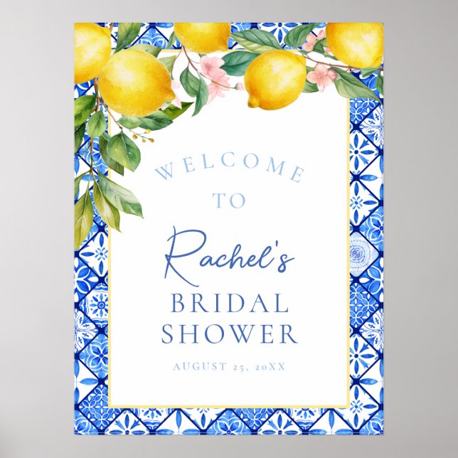 Brautparty "Sicilian Lemons Blue Tiles" Willkommen Poster (Vorne)