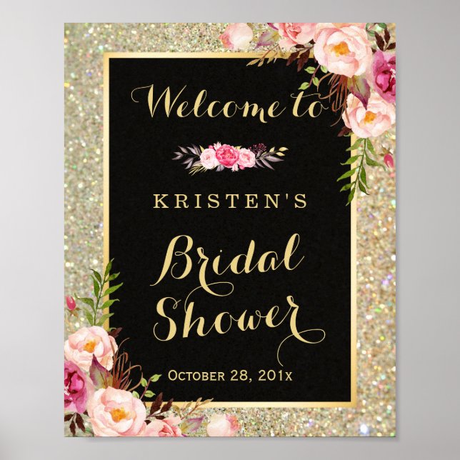 Brautparty Sign Gold Glitzer Glitzern Floral Poster (Vorne)