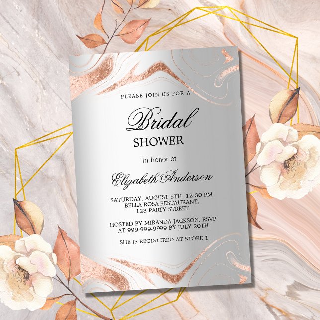 Brautparty Silber Rose Goldmarmor elegant Einladungspostkarte (Von Creator hochgeladen)