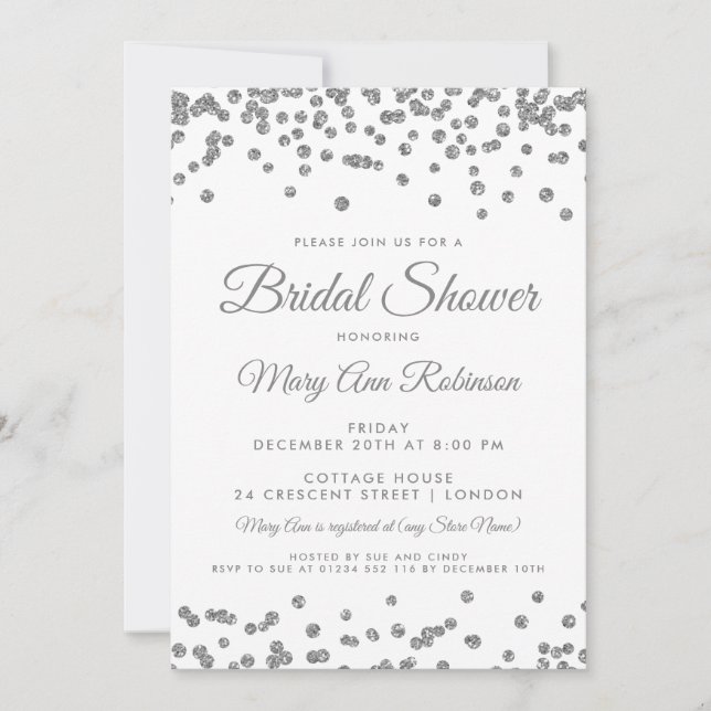 Brautparty Silver Imitats Glitzer Confetti White Einladung (Vorderseite)