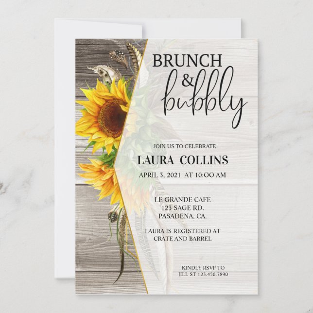 Brautparty, Sonnenblumen, Brunch und Bläschen Einladung (Vorderseite)