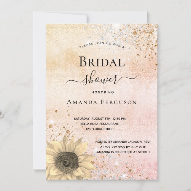 Brautparty Sonnenblumen Rose Gold rustikaler Glitz Einladung (Vorderseite)