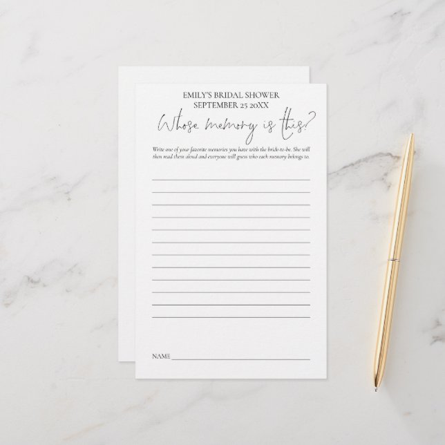 Brautparty-Spiel mit schwarzem Text (Vorderseite/Rückseite Beispiel)