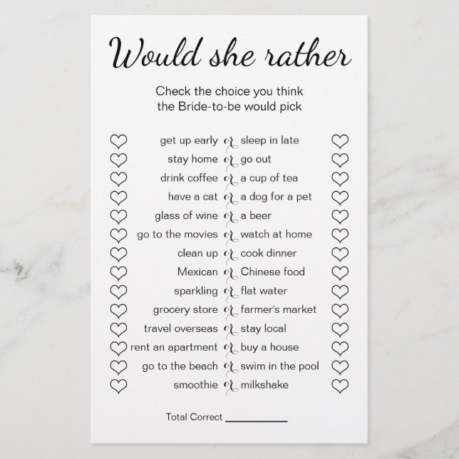 Brautparty-Spiel würde sie eher Karte (Vorne)
