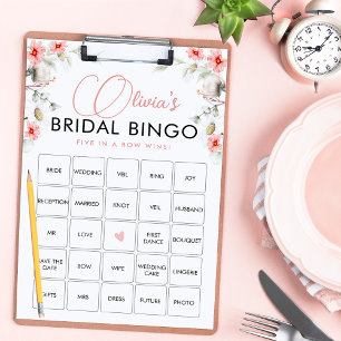 Brautparty-Spielkarte mit Bingo und rosa Wildblume Einladung