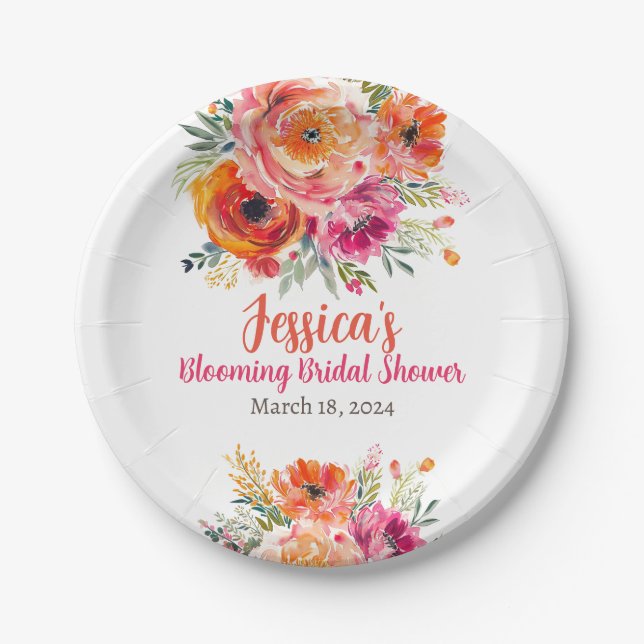 Brautparty Summer Orange und Pink Florals Pappteller (Vorderseite)