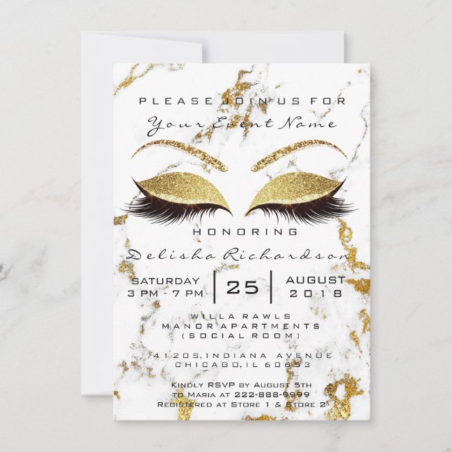 Brautparty Sweet 16. Augen Makeup Gold Marmor Einladung (Vorderseite)