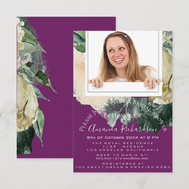 Brautparty Sweet 16. Foto Marsala Mint Floral Einladung (Vorne/Hinten)