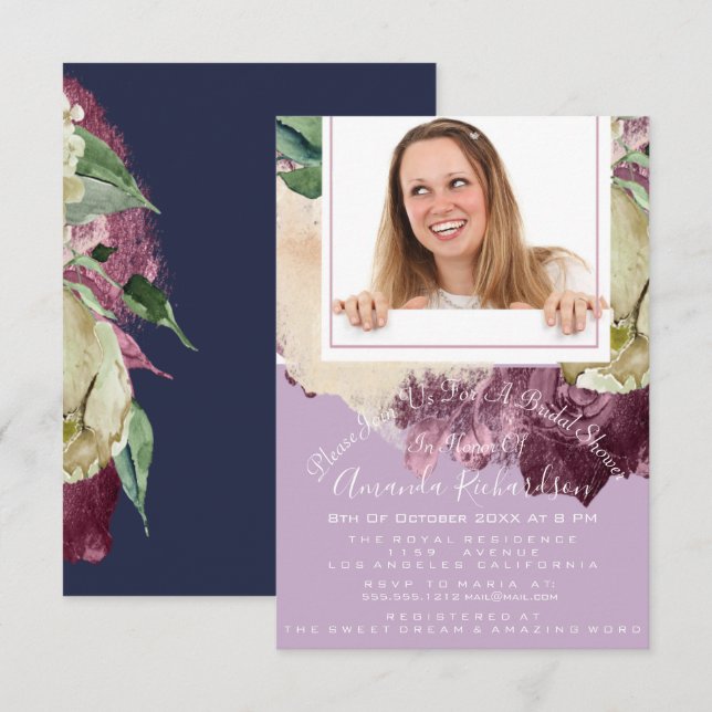Brautparty Sweet 16. Foto Navy Lila Floral Einladung (Vorne/Hinten)