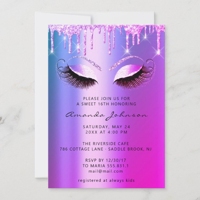 Brautparty Sweet 16. Glitzer Rosa Augen Tropfen Einladung (Vorderseite)