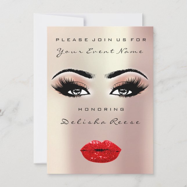 Brautparty Sweet 16. Red Kiss Lip Makeup Rose Einladung (Vorderseite)