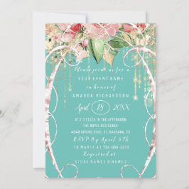 Brautparty Sweet 16. Rosa Rose Florals Aqua Einladung