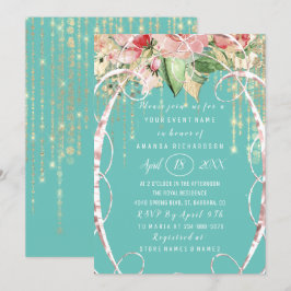 Brautparty Sweet 16. Rosa Rose Florals Aqua Einladung