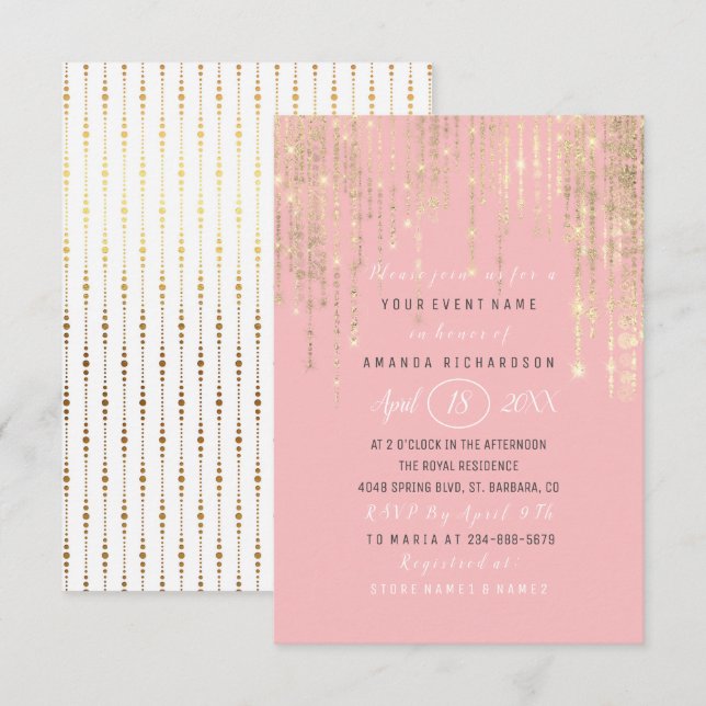 Brautparty Sweet 16. Rosa Rose Gold Streifen Einladung (Vorne/Hinten)
