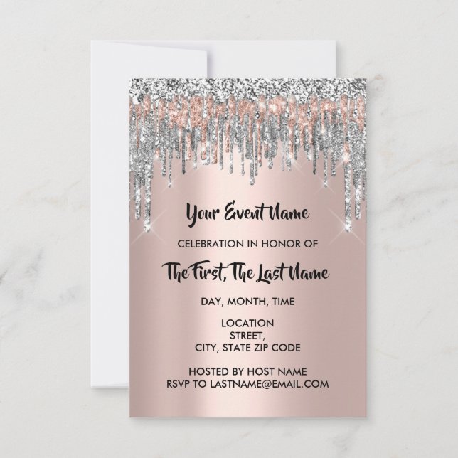 Brautparty Sweet 16. Rose Silver Glitzer Tropfen Einladung (Vorderseite)