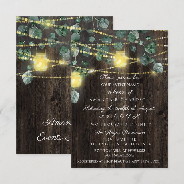 Brautparty Sweet 16 Wood Jars Light Eucaliptus Einladung (Vorne/Hinten)