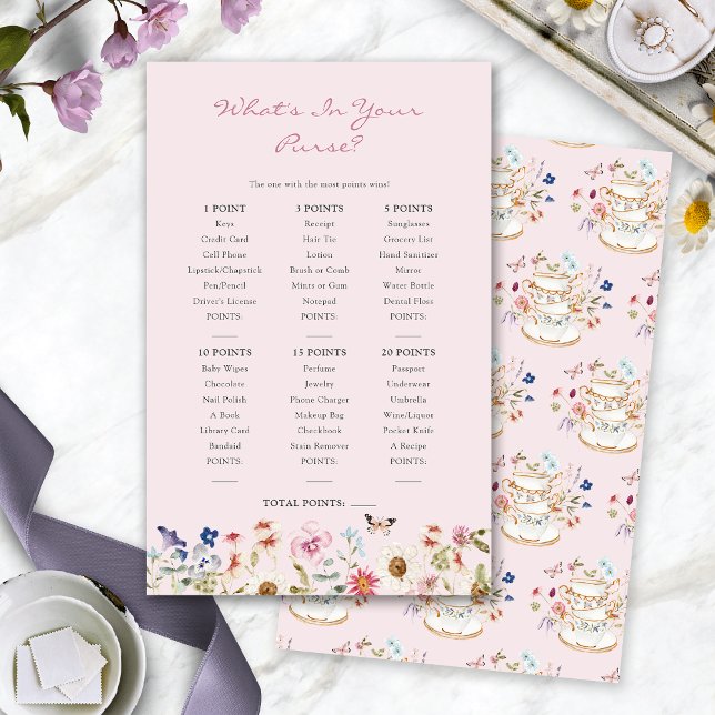 Brautparty Tea Game (Pink Bridal Shower What's In Your Purse Tea Game by Painted Paperie
)
