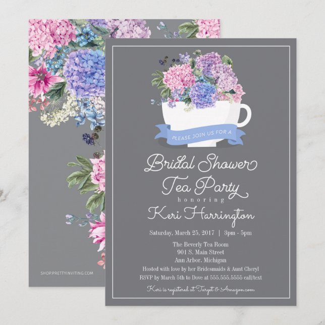 Brautparty Tea Party Einladung Blue Hydrangea (Vorne/Hinten)