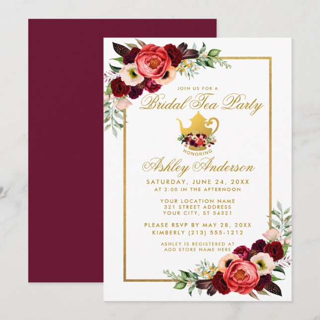 Brautparty Tee Party Burgundy Boho Floral Gold Einladung (Vorne/Hinten)
