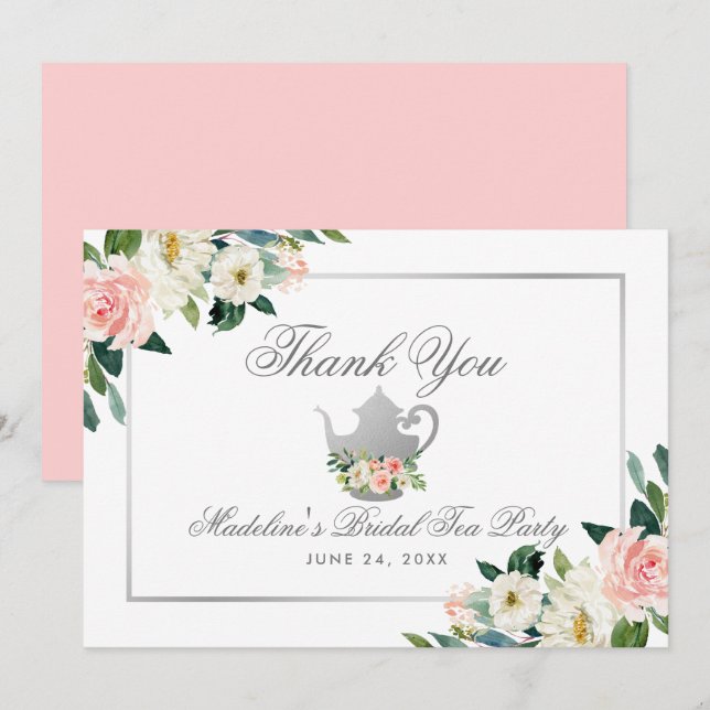 Brautparty Tee Party Dank Pink Floral Silver Einladung (Vorne/Hinten)