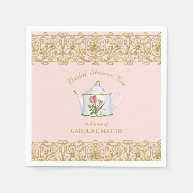 Brautparty Tee Party Luncheon Pink Gold Flora Serviette (Vorderseite)