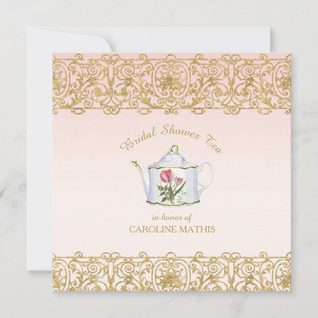 Brautparty Tee Party Luncheon Pink Gold Glitzer Einladung (Vorderseite)