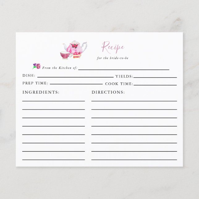 Brautparty Tee Party Rezept Karte Rosa Skript (Vorderseite)