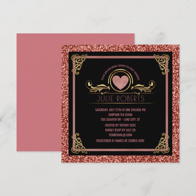 Brautparty Tee Party Rose Gold Herzstück Glitzer Einladung (Vorne/Hinten)