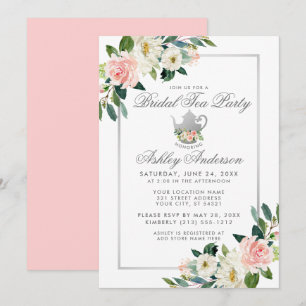 Brautparty Tee Party Silver Pink Floral Einladung