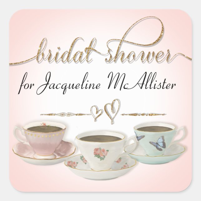 Brautparty Tee Party Teacups in Saucera Pink Quadratischer Aufkleber (Vorderseite)