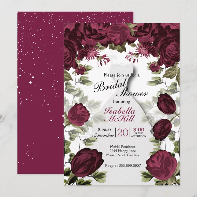 Brautparty - Tief rote WIne Botanische Blume Einladung (Vorne/Hinten)