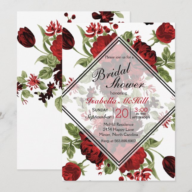 Brautparty - Tiefe Rote Rosen Einladung (Vorne/Hinten)