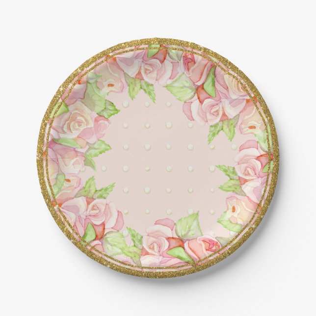 Brautparty Tischdekor Wasserfarben Rose Bouquet Pappteller (Vorderseite)
