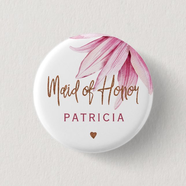 Brautparty-Trauzeugin für rosa Kupferskripte Button (Vorderseite)