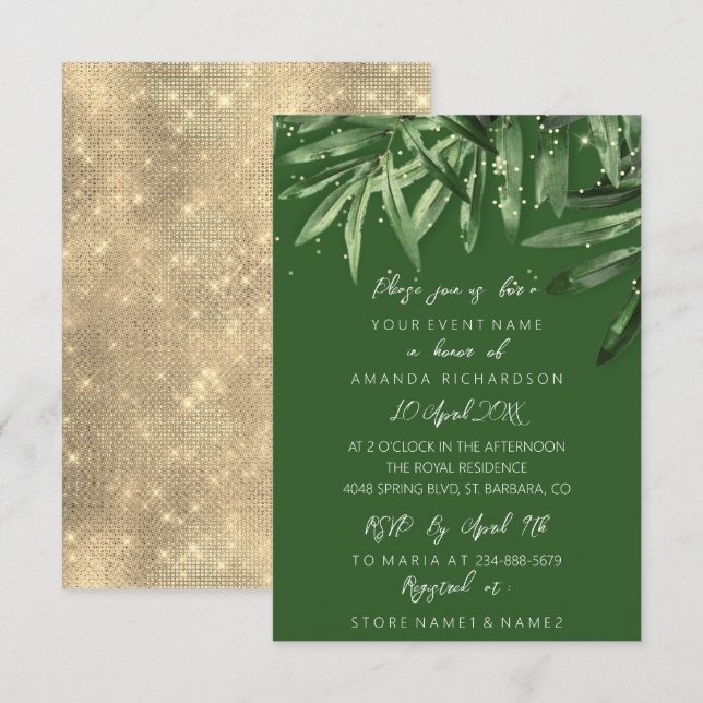 Brautparty Tropical Sage Green Gold Elegante Einladung (Vorne/Hinten)