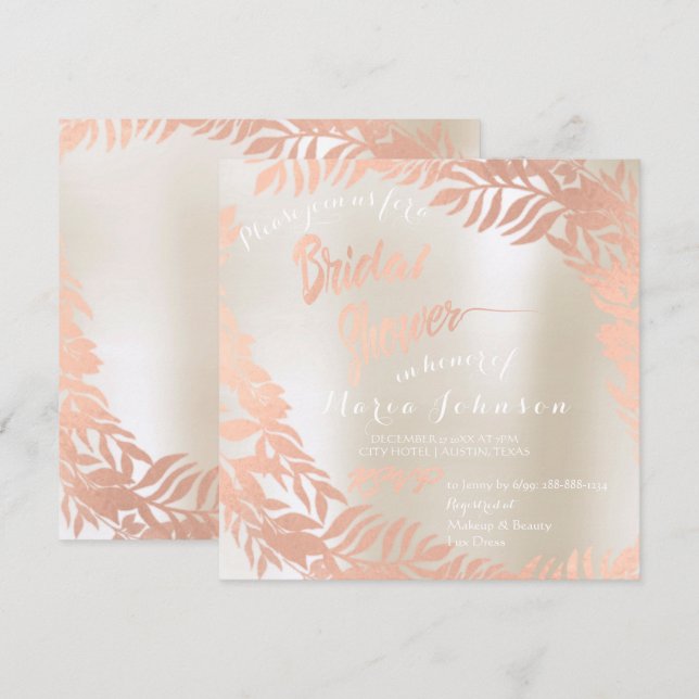 Brautparty Tropische Blätter Elfenbein Rose Gold Einladung (Vorne/Hinten)