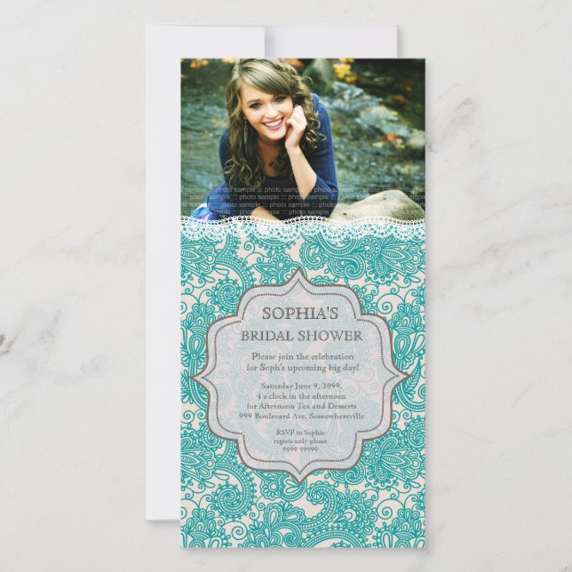 Brautparty Turquoise Lace Paisley Foto Einladung (Vorderseite)