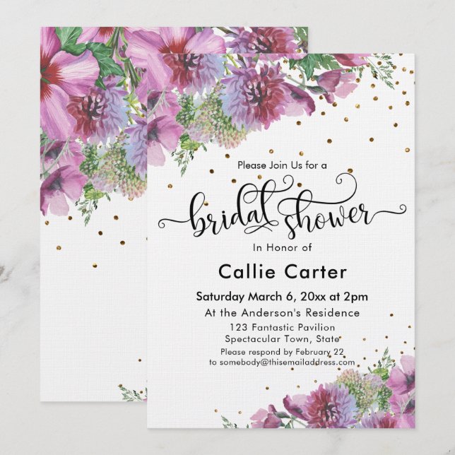 Brautparty Typografie Wildblume Gold Confetti Einladung (Vorne/Hinten)