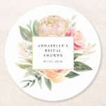Brautparty-Untersetzer für Peony und Gold-Blume Runder Pappuntersetzer<br><div class="desc">Dieser Untersetzer wurde speziell für die Koordination mit unserer Peony and Gold Kollektion konzipiert und ist mit üppigen Rosa- und Goldpeony-Blume mit grünem Blattwerk und klassischer Schrift ausgestattet. Für eine weiter gehende Anpassung dieses Designs klicken Sie bitte auf den "CUSTOMIZE"-Button oben. Bitte beachten Sie, dass die Goldfolie eine gedruckte und...</div>