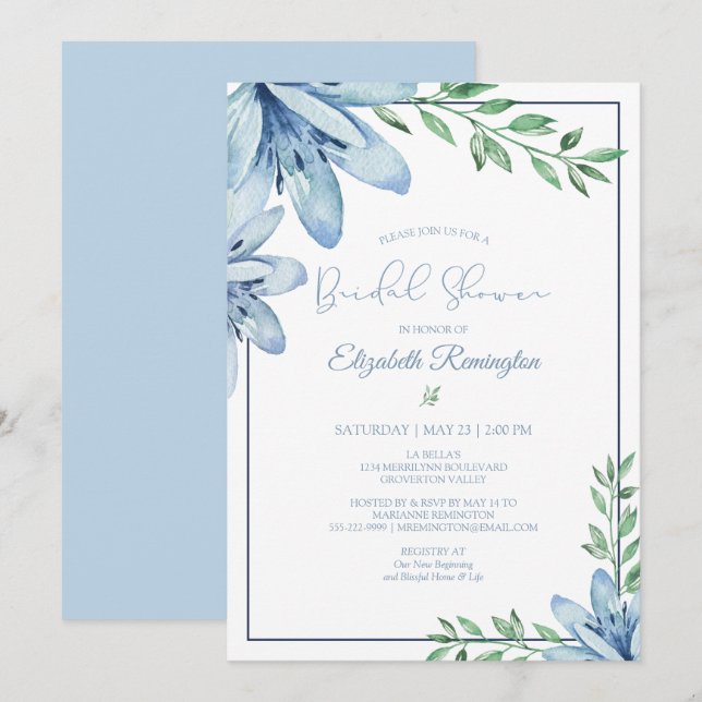 Brautparty von Aquarellblau-Blütenblüten Einladung (Vorne/Hinten)