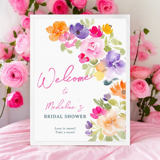 Brautparty von Boho in leuchtend rosa Poster (Boho bright pink floral bridal shower welcome poster)