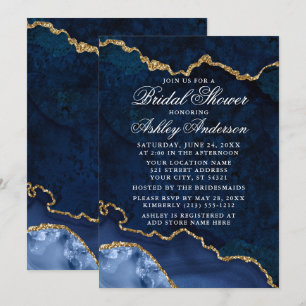 Brautparty Watercolor Blue Gold Marble Geode Einladung