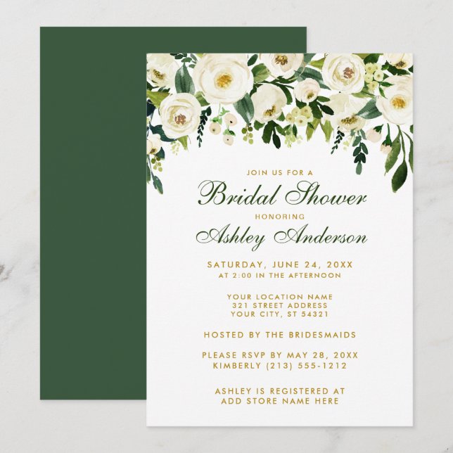 Brautparty Watercolor Blumengrün Gold Einladung (Vorne/Hinten)