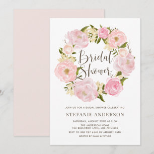 Brautparty "Watercolor Blush Pink Peony Wreath" Einladung