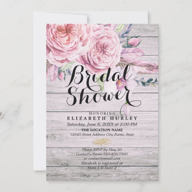 Brautparty Watercolor Boho Floral Rustikales Holz Einladung (Vorderseite)